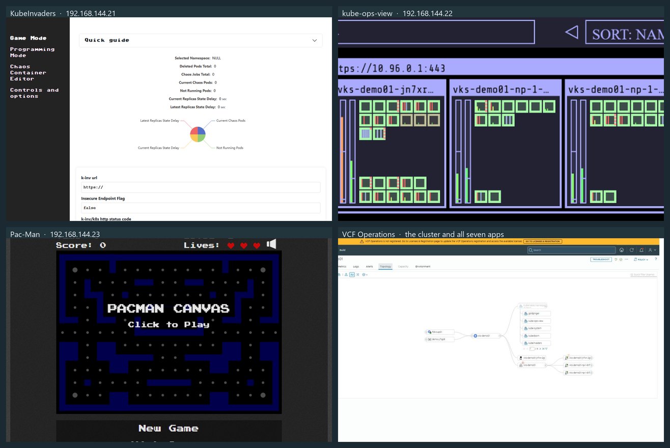 Three of the seven live on their VIPs — KubeInvaders, kube-ops-view, Pac-Man — and the whole set as VCF Operations sees it