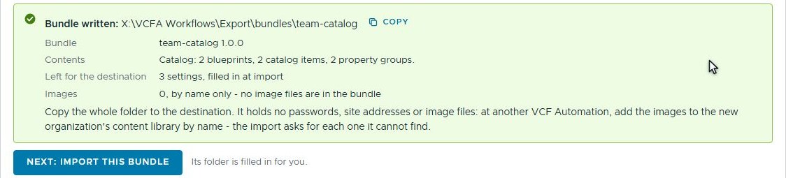 Bundle written: team-catalog 1.0.0 with two blueprints, two catalog items and two property groups, three settings left for the destination, and no image files