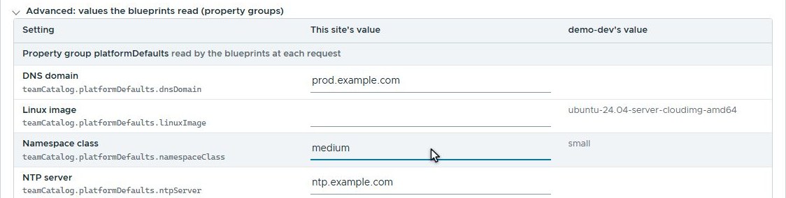 Advanced, the property group platformDefaults as production will have it: DNS domain prod.example.com, NTP server ntp.example.com, and the namespace class changed from development&rsquo;s small to medium