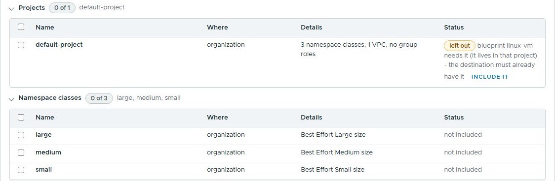 The Projects group: default-project marked left out, because blueprint linux-vm lives in it and the destination must already have it; the namespace classes are not included