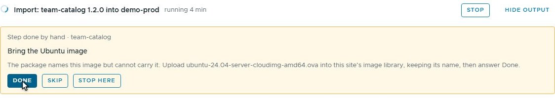 The import&rsquo;s panel: step done by hand in team-catalog, Bring the Ubuntu image, the package&rsquo;s instructions, and the buttons Done, Skip and Stop here