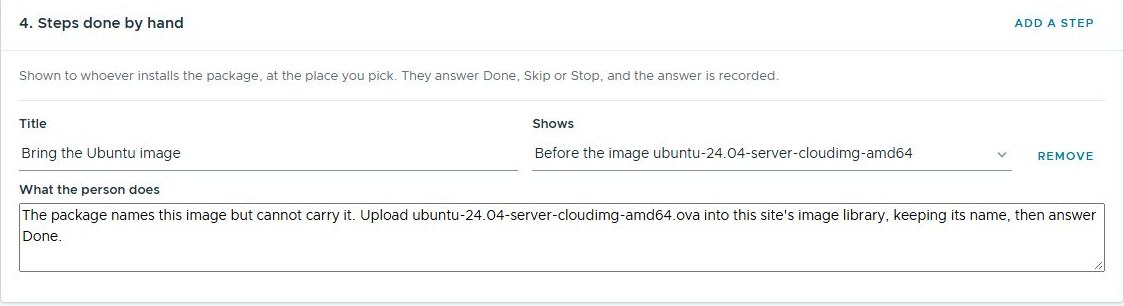 Steps done by hand: the title Bring the Ubuntu image, shown before the image ubuntu-24.04-server-cloudimg-amd64, and what the person does: upload the OVA into this site&rsquo;s image library, keeping its name, then answer Done