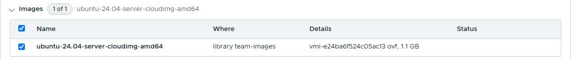 Export: the Images group with ubuntu-24.04-server-cloudimg-amd64 ticked, in library team-images, an OVF of 1.1 GB