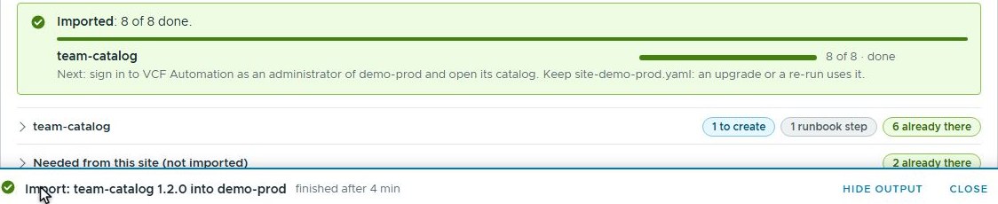 Imported: 8 of 8 done, team-catalog finished after 4 minutes