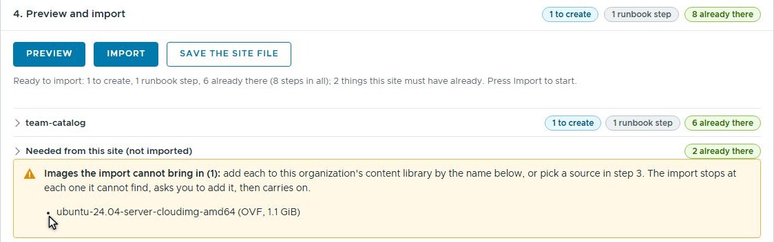 Preview: 1 to create, 1 runbook step, 8 already there; ready to import; and a warning that the import cannot bring in the image ubuntu-24.04-server-cloudimg-amd64 and will ask for it