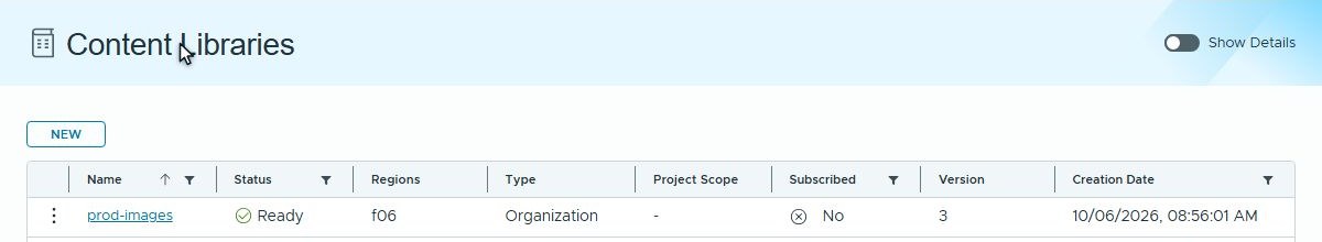 Content Libraries in demo-prod: prod-images, Ready, in region f06, an organization library