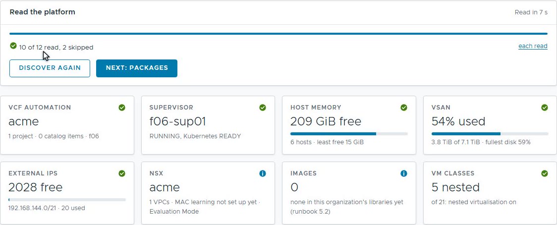 Org Builder&rsquo;s Discover stage: ten of twelve reads done in seven seconds, and tiles for VCF Automation, the Supervisor, host memory, vSAN, external IPs, NSX, images and VM classes