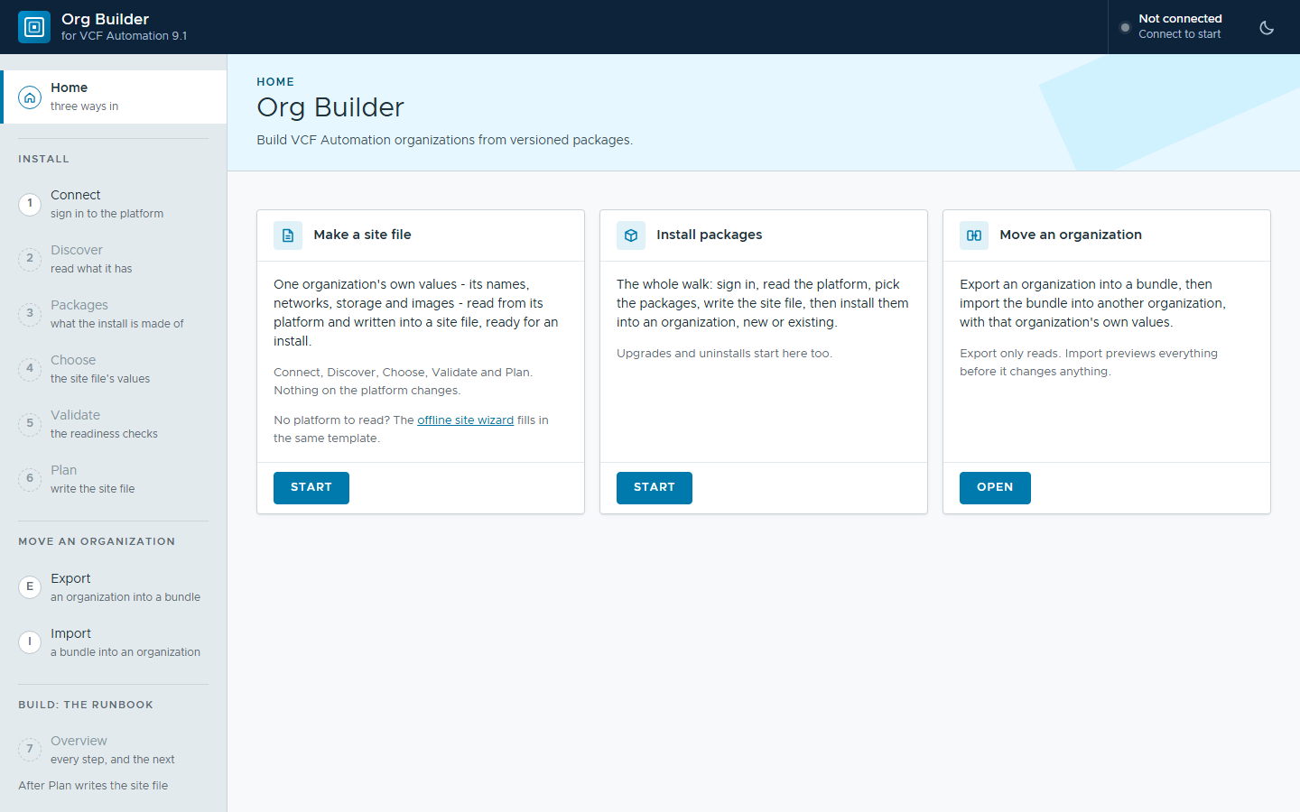 Org Builder's Home page: three ways in, each with its own button - Make a site file, Install packages, and Move an organization - beside the Install, Move and Build steps in the side menu