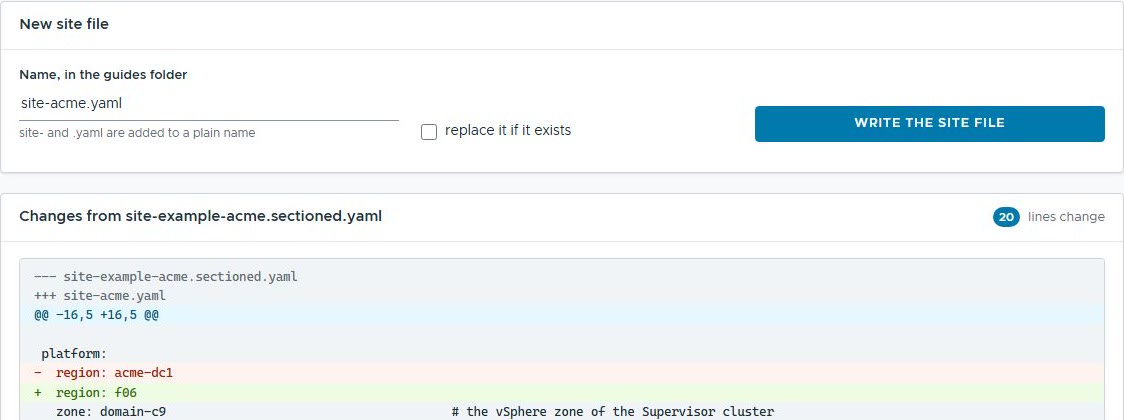 Plan: the new site file&rsquo;s name, a Write button, and its changes against the template shown as a diff before anything is written