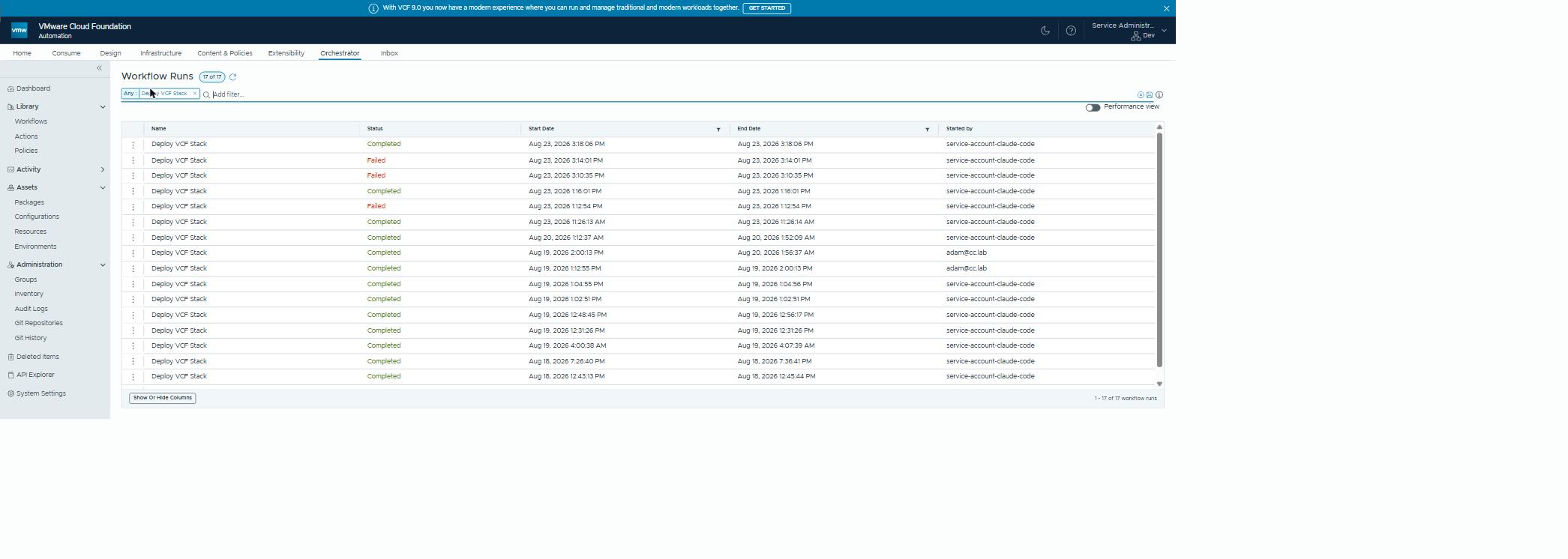Orchestrator runs: the catalog-bound parent (13:12→14:00) and the continuation it spawned (14:00 → 01:56 next day)