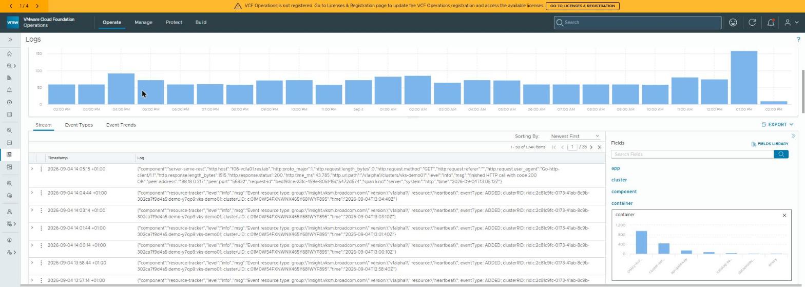 The stream: container logs arriving with Kubernetes metadata — app, cluster, container, kubernetes_namespace, node, pod