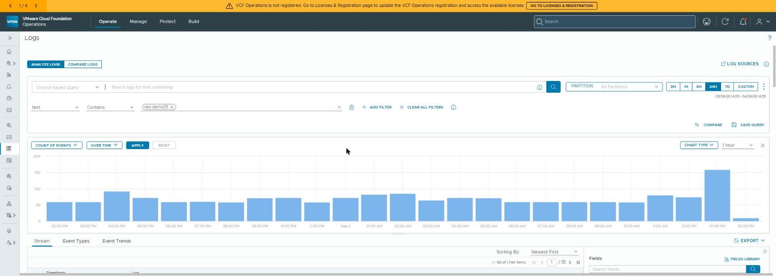 VCF Operations — Logs: text contains vks-demo01, last 24 h, 1.74K events