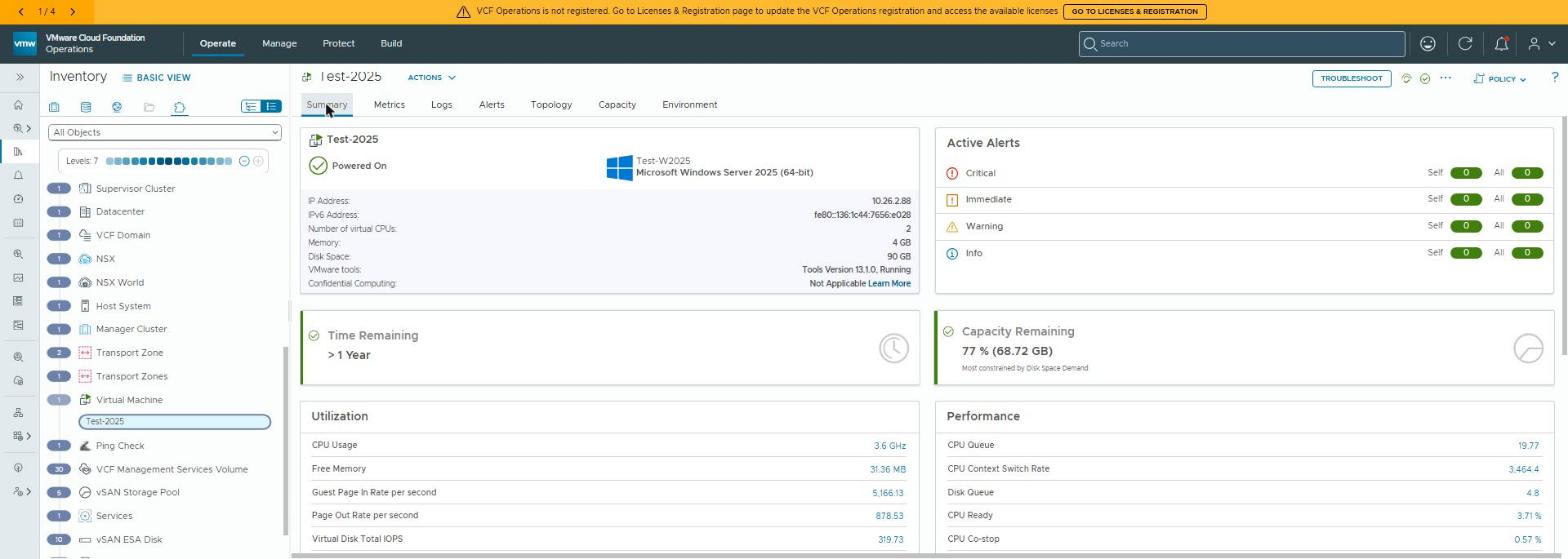 The VM object in Ops: Microsoft Windows Server 2025 (64-bit), tools running