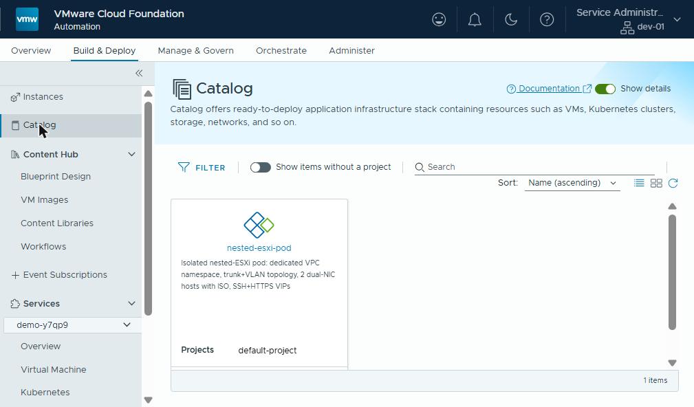 VCFA catalog: the nested-esxi-pod tile
