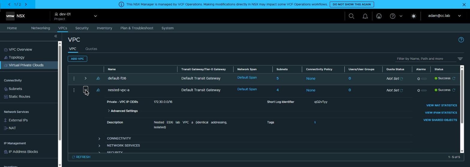 NSX: nested-vpc-a expanded, the /16 private block