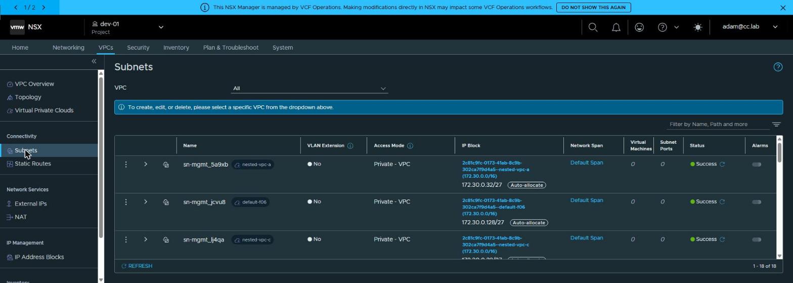 NSX: four VPCs, four sn-mgmt subnets, same CIDR