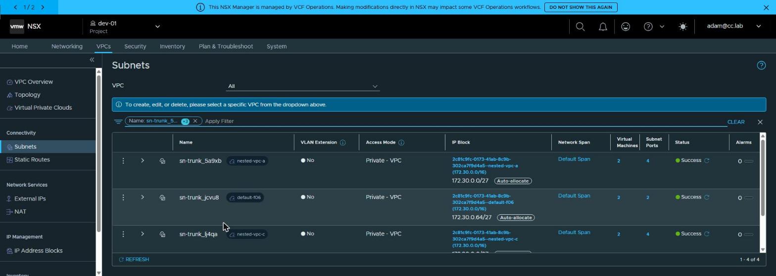 NSX: sn-trunk realized once per VPC, binding maps hanging off the VLAN subnets