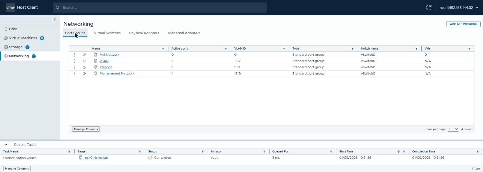 Host Client: port groups on VLANs 1610 / 1611 / 1612