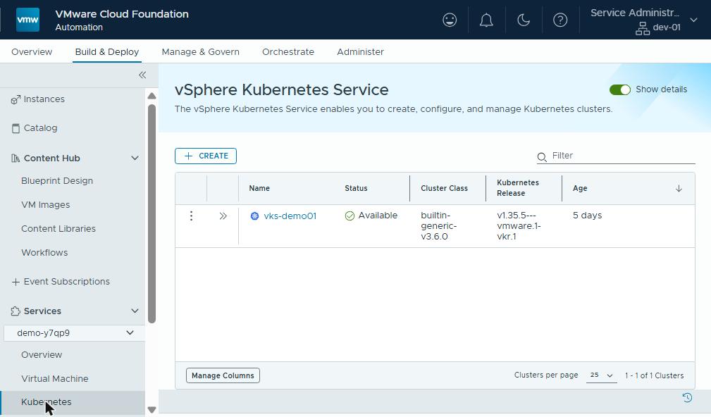 VCFA: VKS cluster list as the tenant sees it