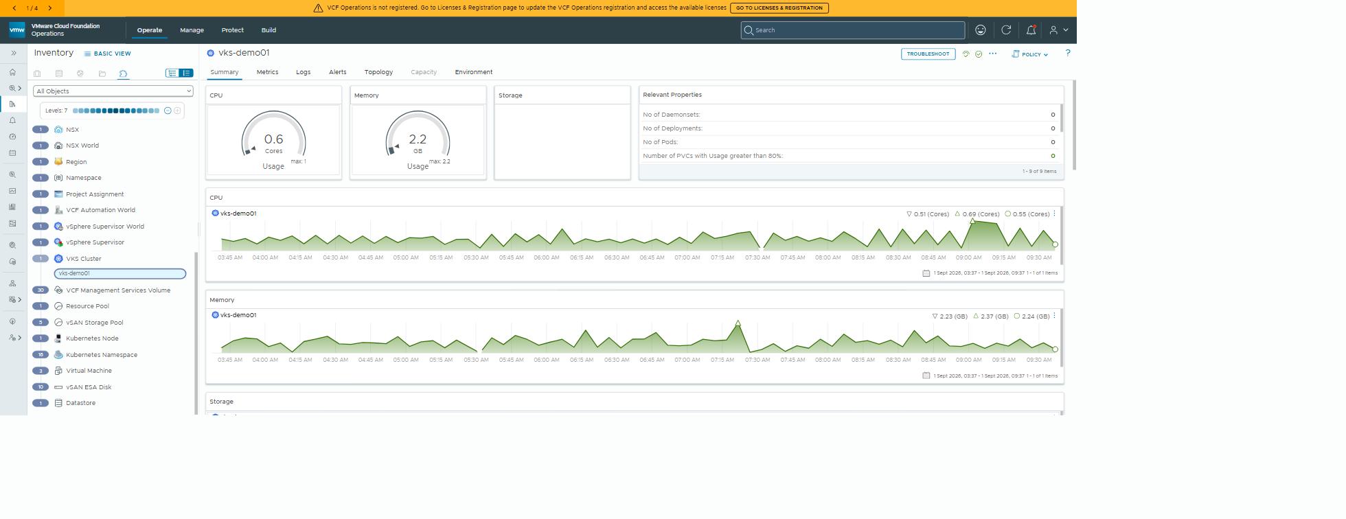 VCF Operations: the VKS cluster object with gauges and time series
