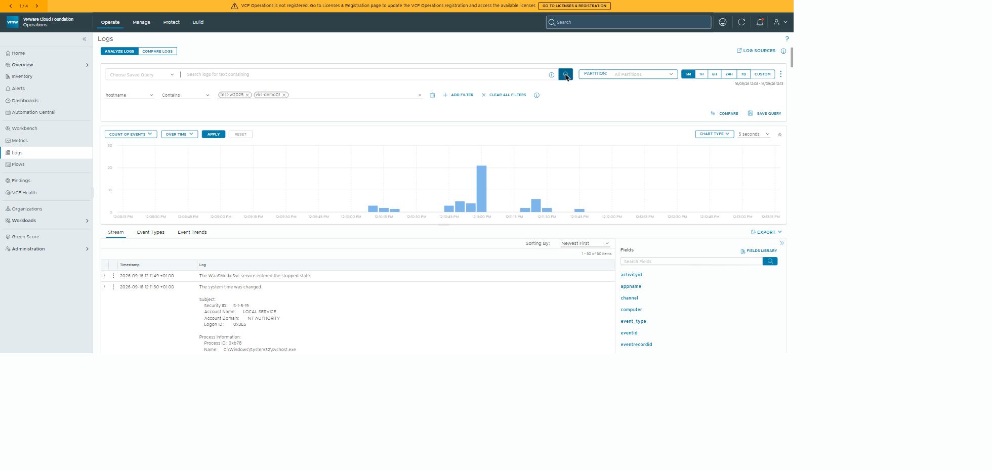The same explorer with both hostnames in one filter: TEST-W2025 and vks-demo01